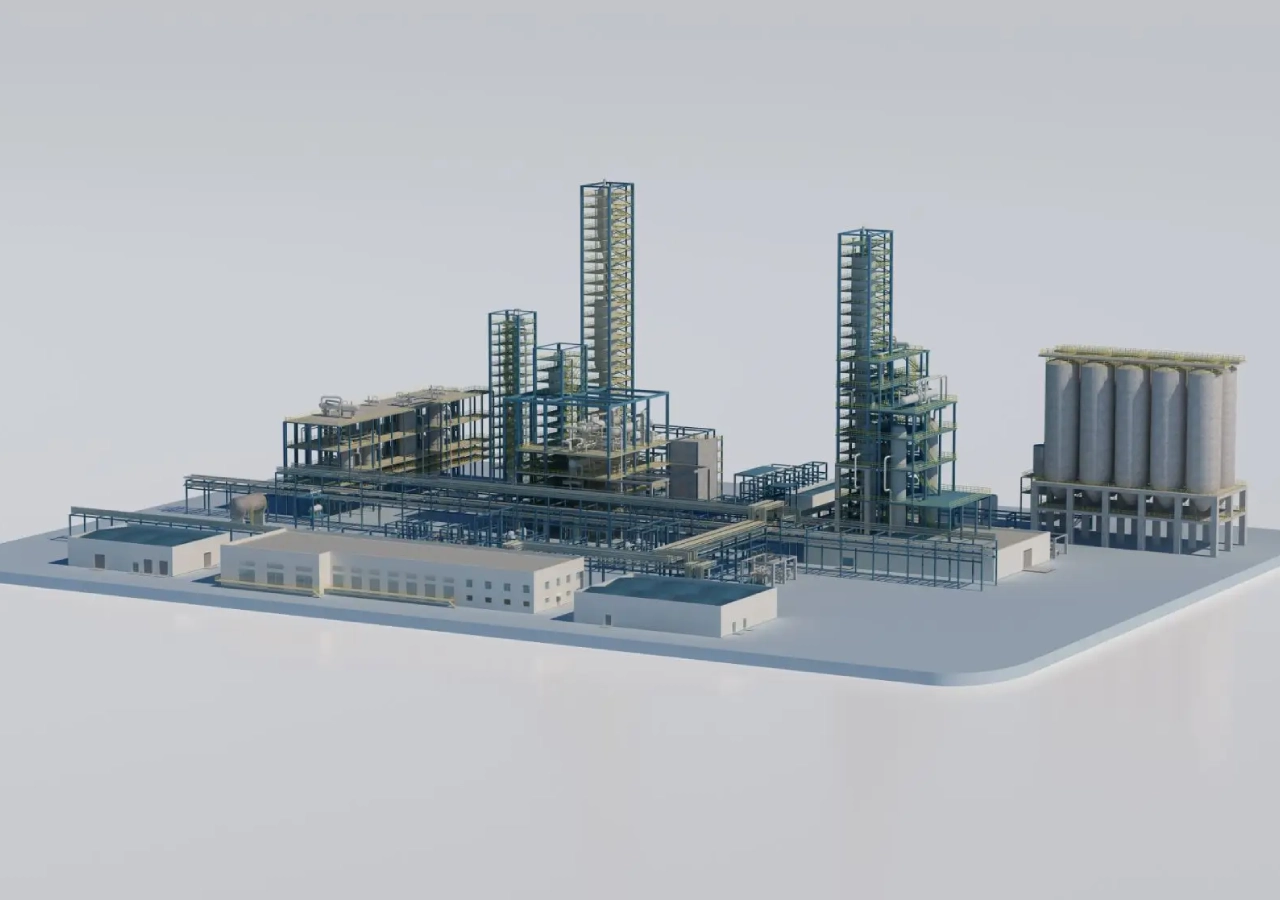 3D model of an industrial refinery complex with distillation towers and processing units.