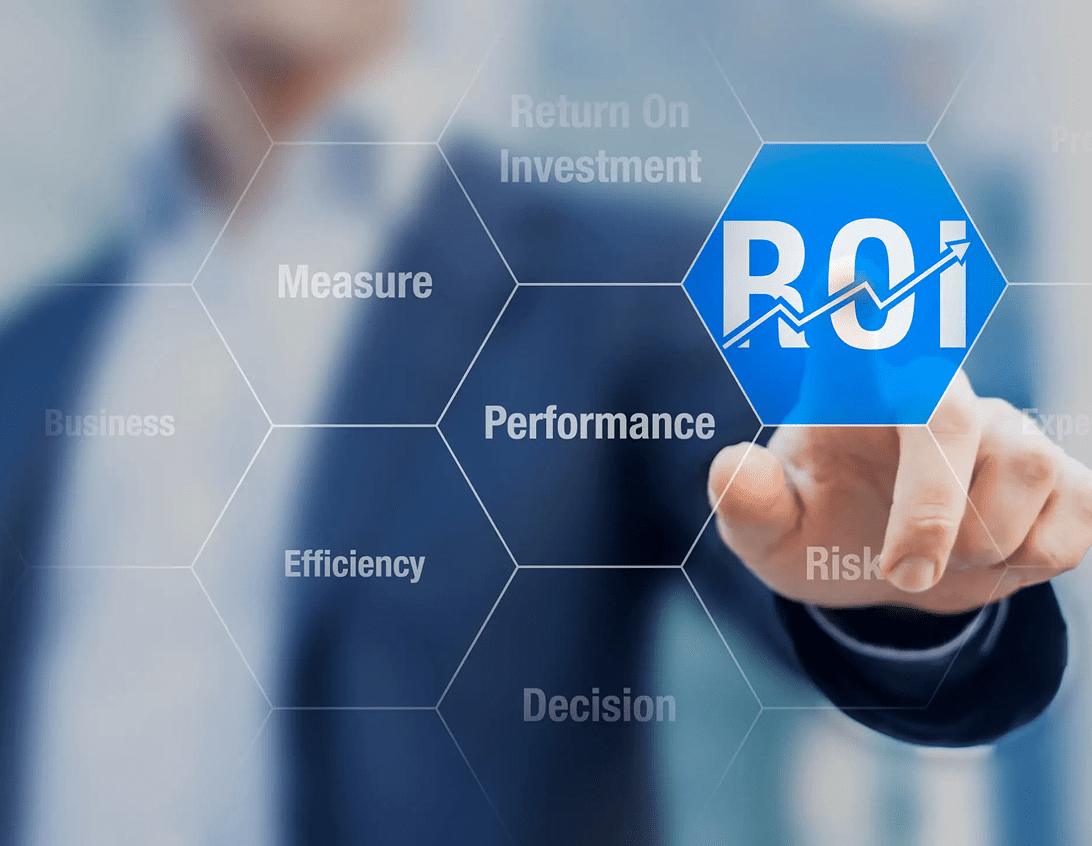 Business professional interacts with digital ROI and performance metrics.